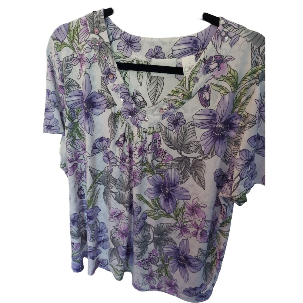 Alfred Dunner Large Purple Floral Printed Stretchy Top - Short Sleeved